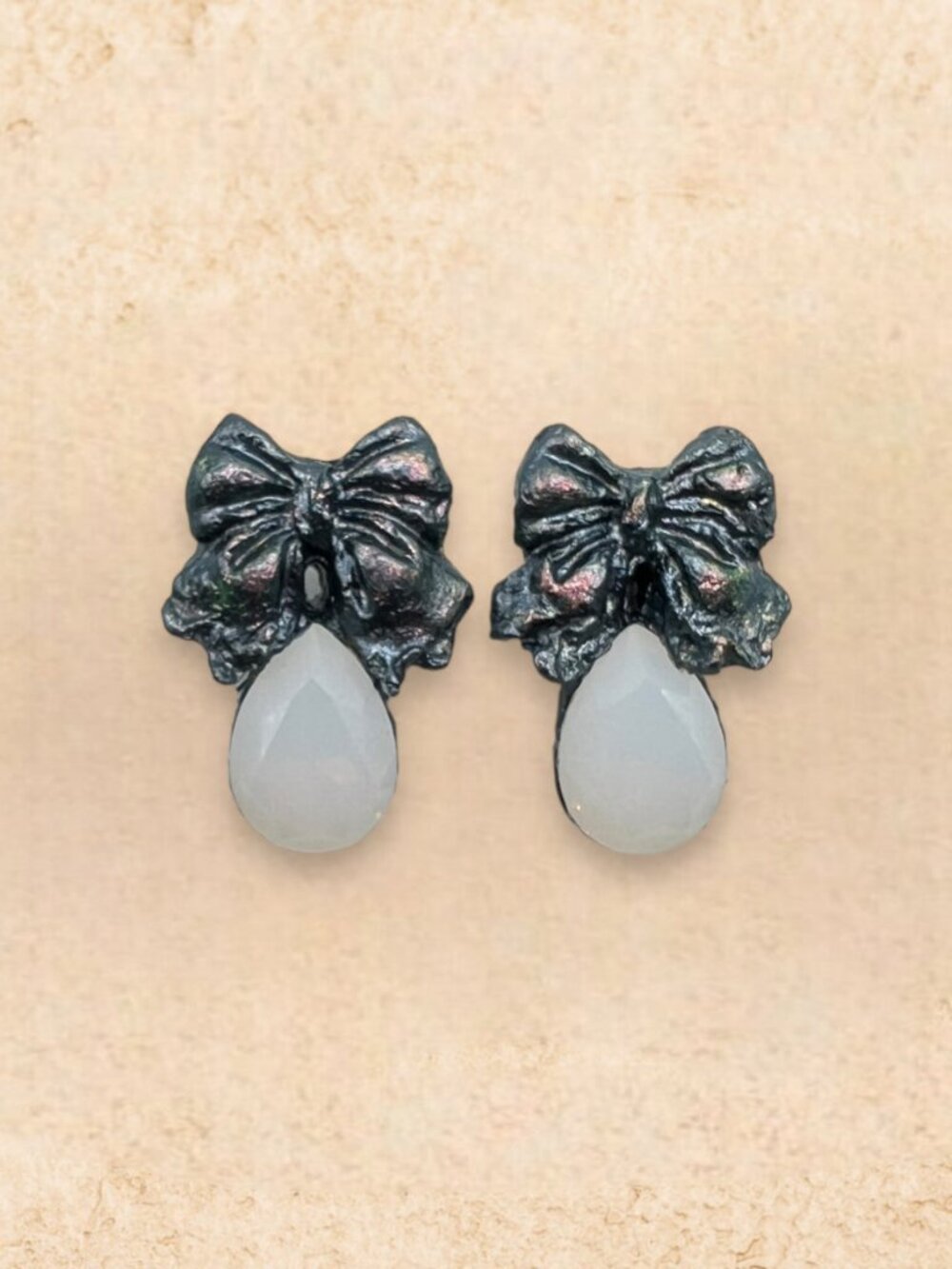 Handmade Papier-Mâché Bow Stud Earrings, Opal Color Teardrop Stone